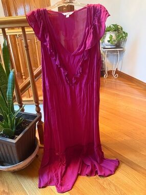 Time and Tru Magenta Ruffle V-Neck Maxi Dress